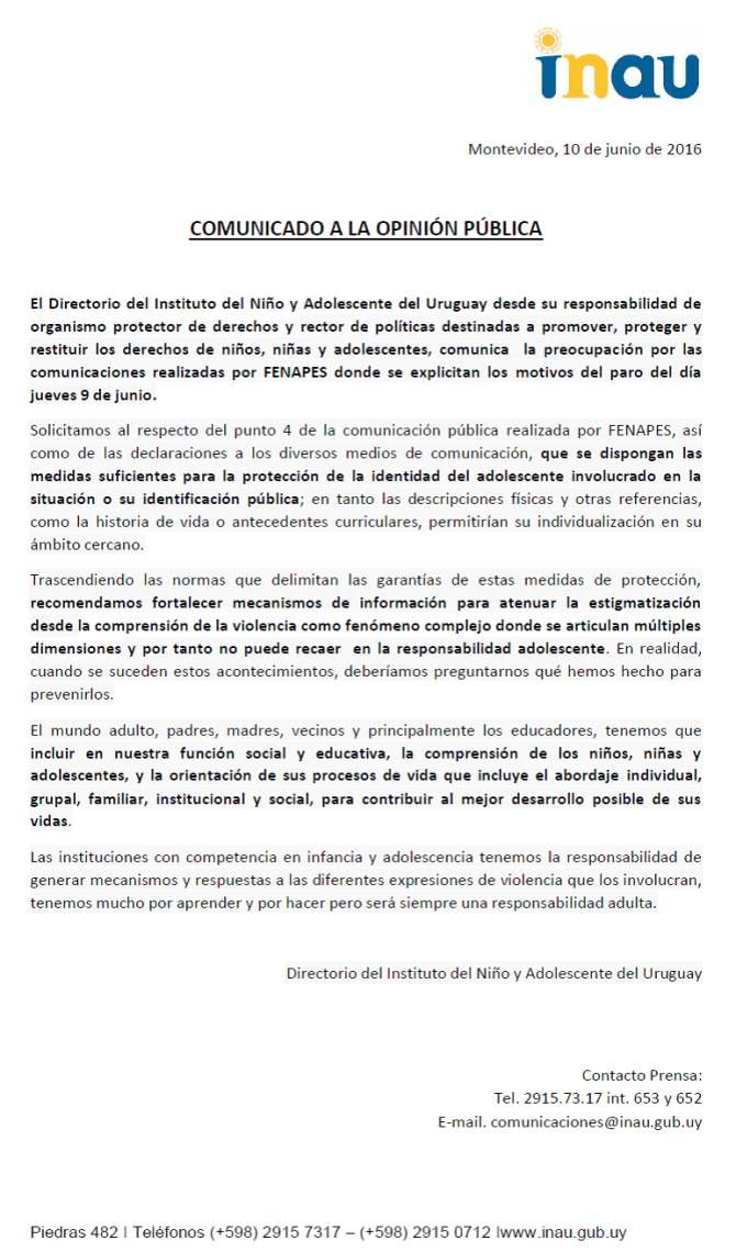 COMUNICADO A LA OPINION PUBLICA INAU 9-6-2016