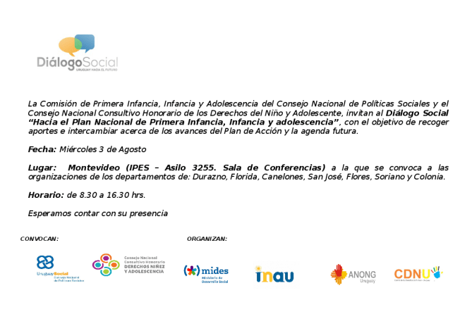 Invitacion Dialogo de Primera Infancia, Infancia y Adolescencia en Montevideo